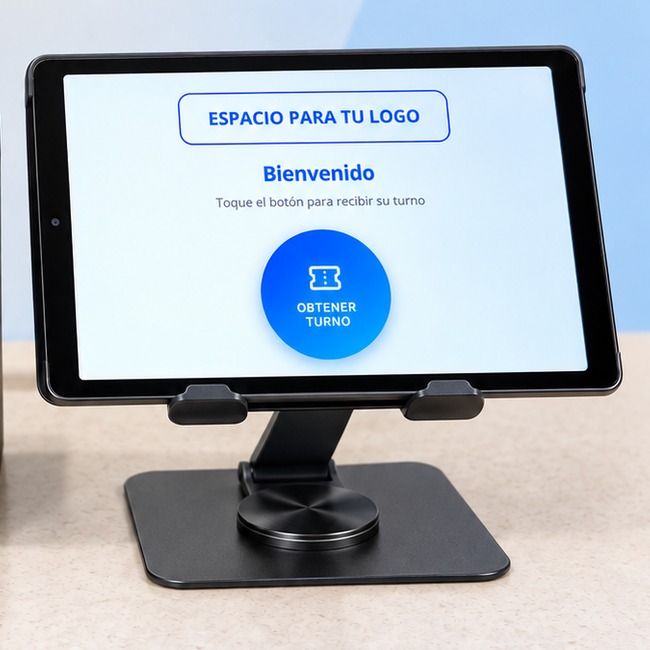 Kiosco en tablet con la bienvenida y el botón "Obtener turno".