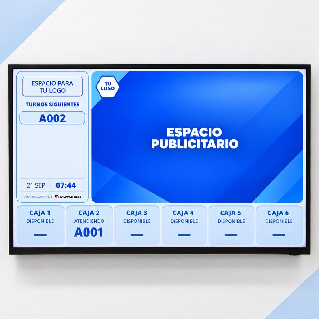 Pantalla de llamado con turnos siguientes, seis cajas y un espacio publicitario.