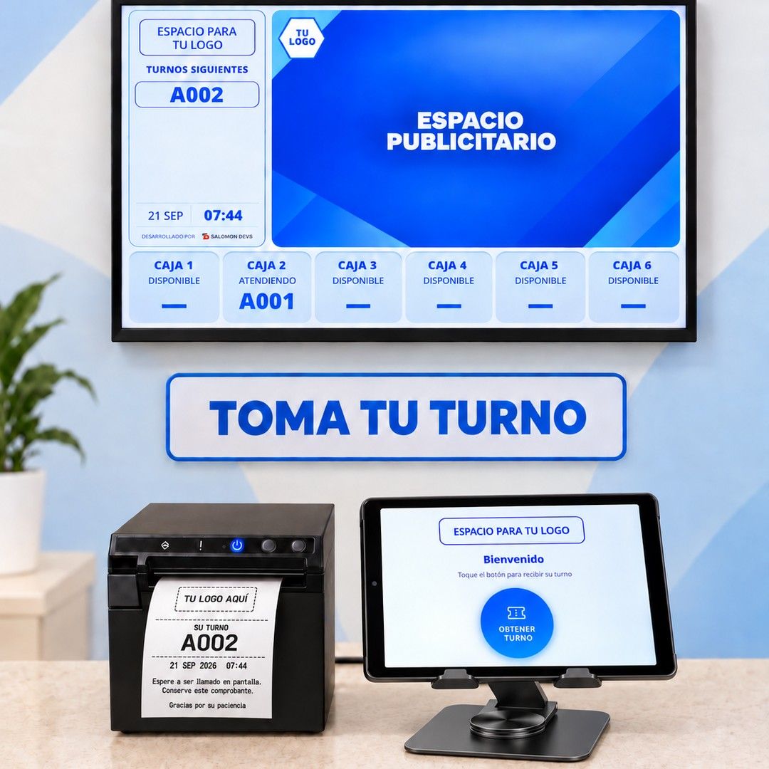 Pantalla de llamado de turnos, letrero "Toma tu turno", impresora de tickets y kiosco en tablet.