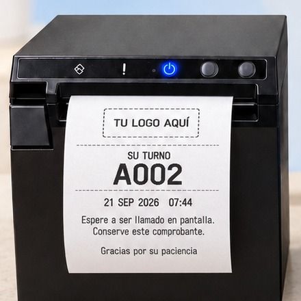 Ticket impreso con el turno A002, fecha y hora, y el espacio para el logo del negocio.